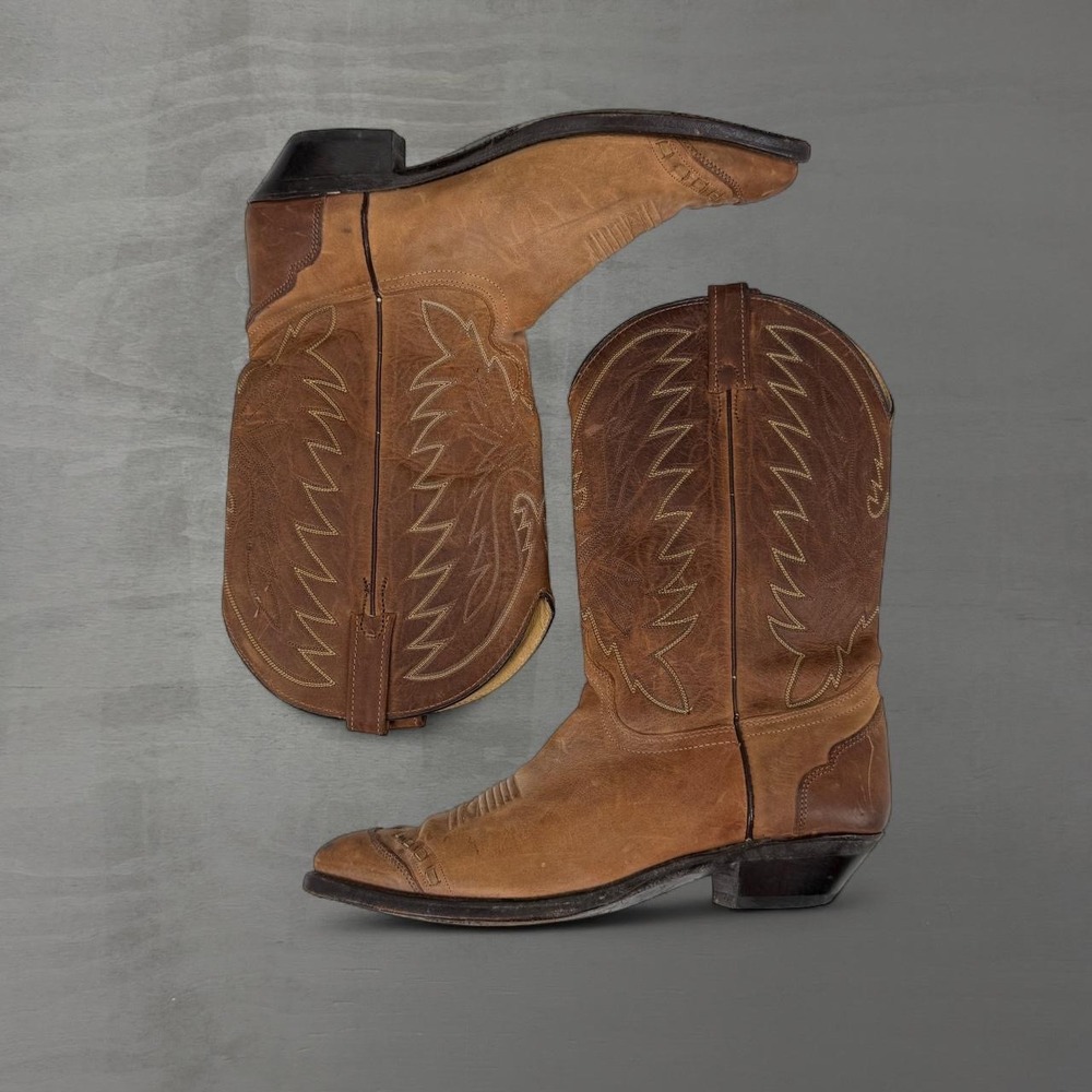 Vintage Wrangler Western Cowboy Boots Tan Brown Leather Stitched Made USA 11 B